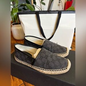Gucci Unisex Black/Navy Canvas and Leather Monogram Espadrilles